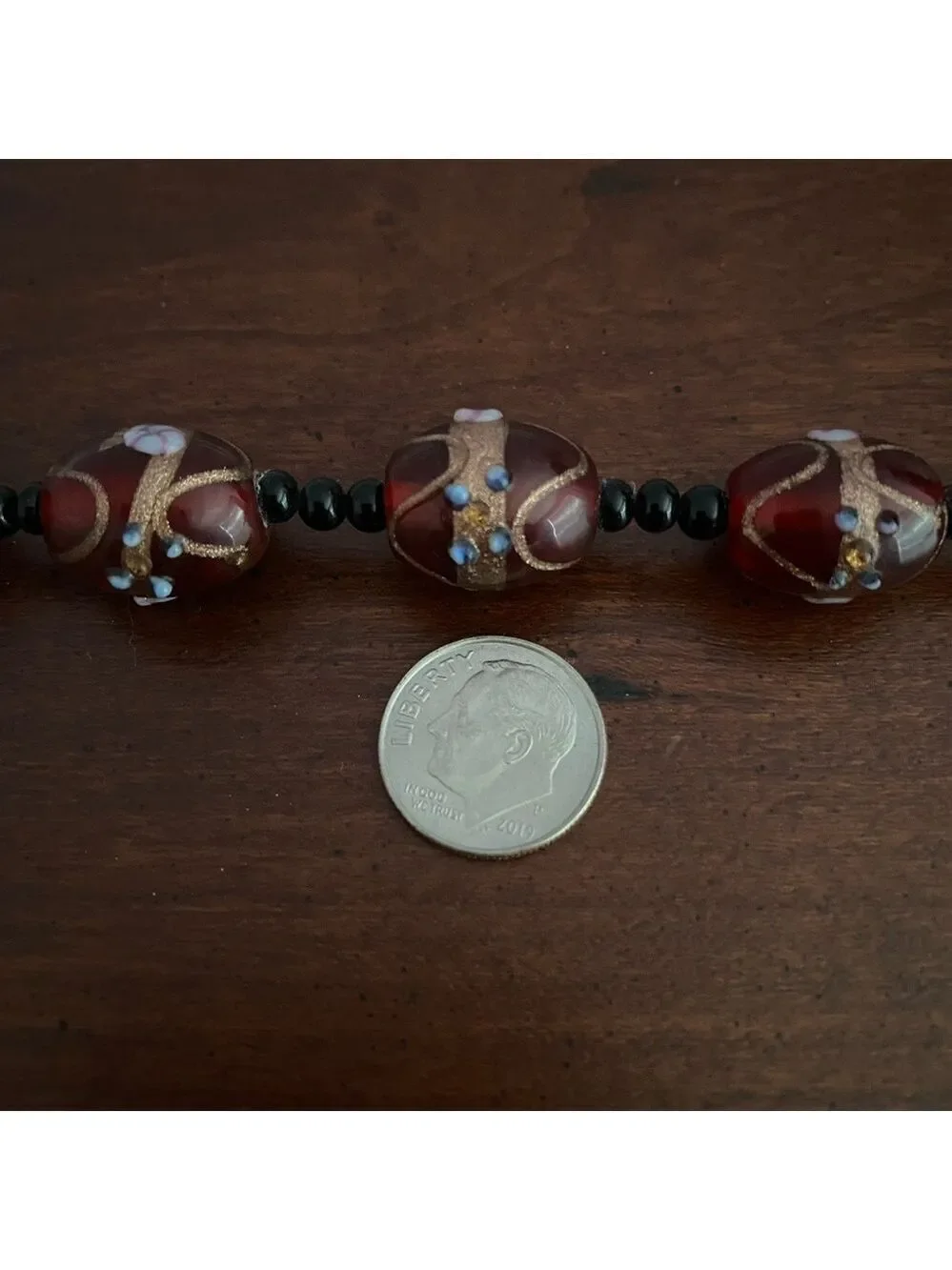 Vintage Hand Painted Murano Glass Beaded Necklace 17” Red & Gold Accent Jewelry